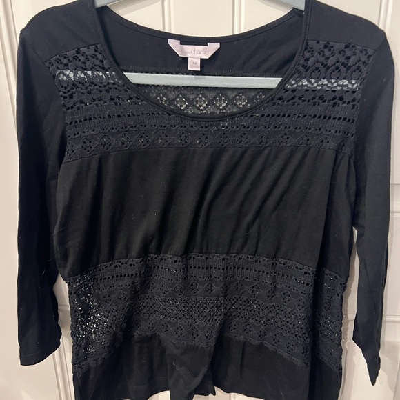 Charming Charlie medium Boho Black Cropped Embellished Blouse 3/4 Sleeve - Picture 1 of 6